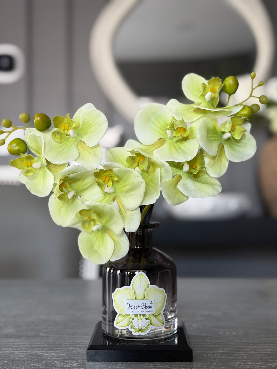 Decorative arrangement of light green flowers in a dark glass vase with a blurred background